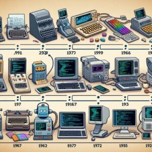 A detailed infographic illustrating the history of computing devices from early typewriters and mechanical machines to modern laptops and AI-driven systems. The timeline features vintage computers, early programming interfaces, robotic automation, and technological advancements in computing hardware. The visual representation highlights key milestones in the evolution of digital technology, coding interfaces, and innovation in personal computing.